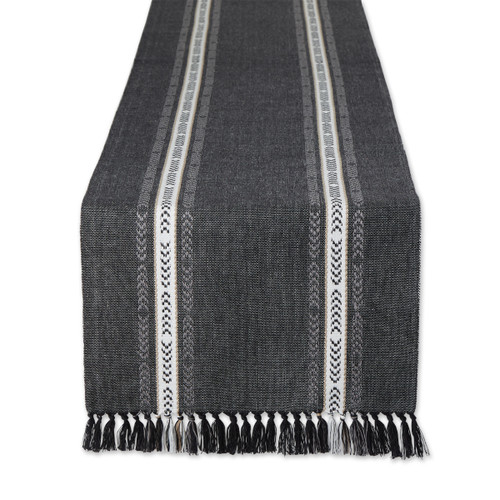 Dobby Striped Fringe Ribbed Table Runner - 108" - Black - IMAGE 1