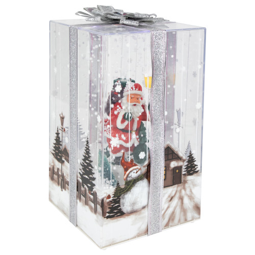 12" Lighted and Musical Santa Snowing Gift Box with Silver Ribbon Christmas Decoration - IMAGE 1