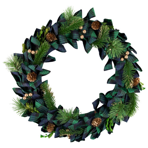 Pine Cones and Plaid Bow Artificial Pine Small Christmas Wreath 17.75-Inch Unlit - IMAGE 1