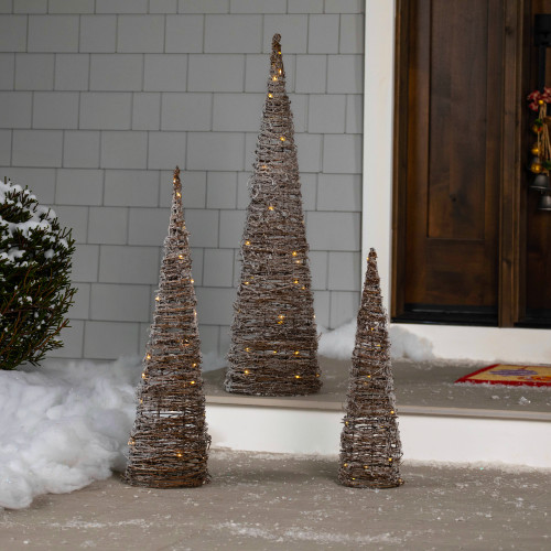 LED Lighted Snowy Rattan Christmas Cone Tree Decorations - 39.5" - Set of 3 - IMAGE 1