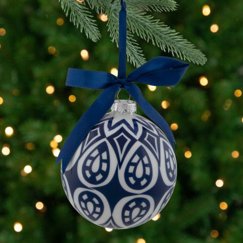 Mosaic Glass Christmas Ball Ornament - 4" - White and Blue - IMAGE 1