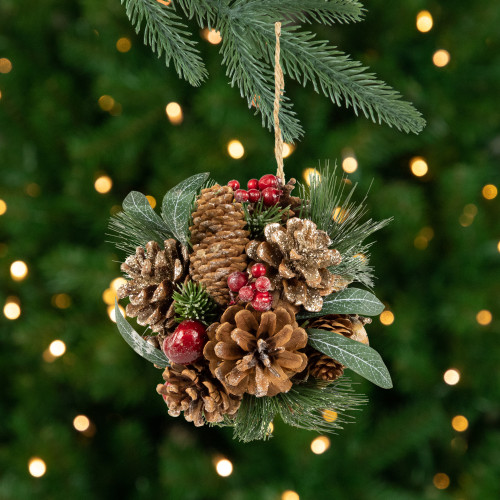 Mixed Foliage Frosted Pinecone and Berry Christmas Ball Ornament - 6" - IMAGE 1