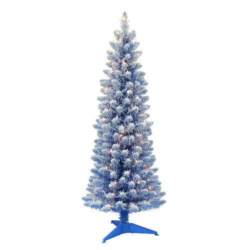 Pre-lit Pencil Flocked Blue Artificial Christmas Tree - 4.5’ - Clear Lights - IMAGE 1