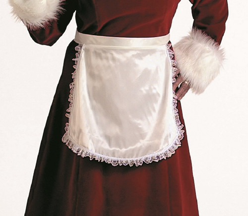 White Short Satin Mrs. Claus Apron with Lace Trim – One Size - IMAGE 1