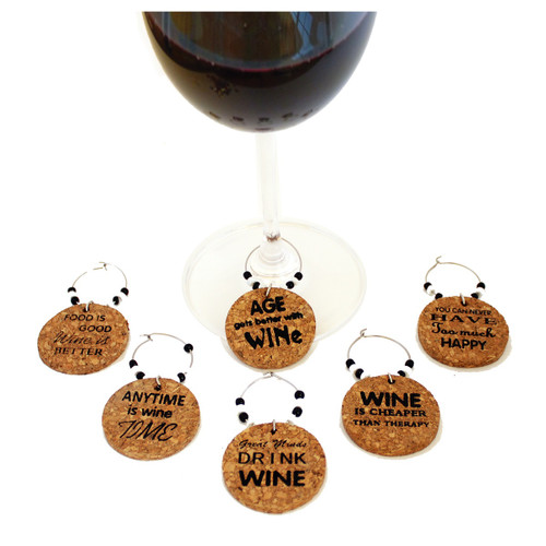 Set of 6 Brown Wine Themed  Quotes Design Wine Glass Marker Sets - IMAGE 1