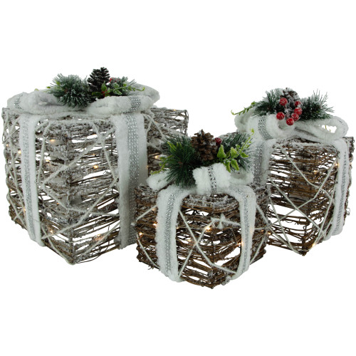 LED Lighted Gift Boxes with Pine and Berries Christmas Decorations - 9.75" - Set of 3 - IMAGE 1