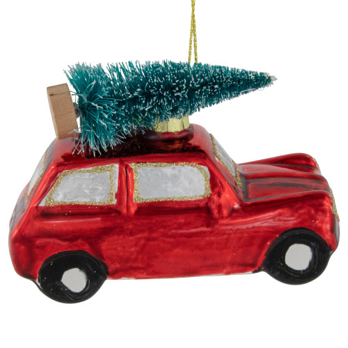 Station Wagon with Tree Glass Christmas Ornament - 3.5" - Red - IMAGE 1