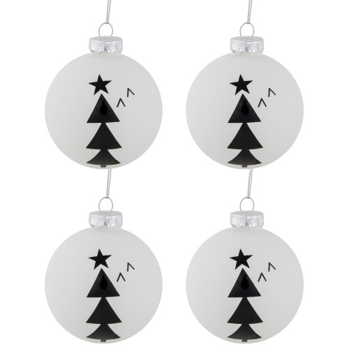 Star Topped Trees Glass Ball Christmas Ornaments - 3" - White and Black - 4ct - IMAGE 1