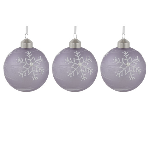3ct Purple Glass Ball Christmas Ornaments with Snowflakes 3" (80mm) - IMAGE 1