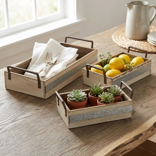 Set of 3 White Storage Crates with Side Metal Handles 15.25" - IMAGE 1
