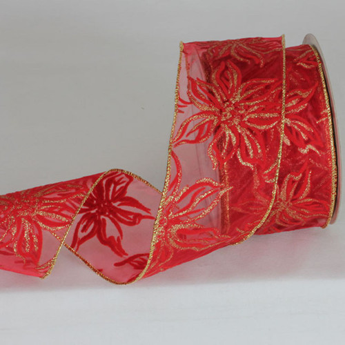 Red and Gold Poinsettia Sheer Metallic Christmas Wired Craft Ribbon 3" x 20 Yards - IMAGE 1