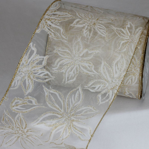 Ivory and Gold Poinsettia Sheer Metallic Christmas Wired Craft Ribbon 6" x 20 Yards - IMAGE 1