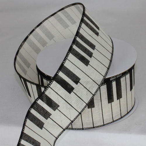 White and Black Piano Metallic Wired Craft Ribbon 2.5" x 20 Yards - IMAGE 1
