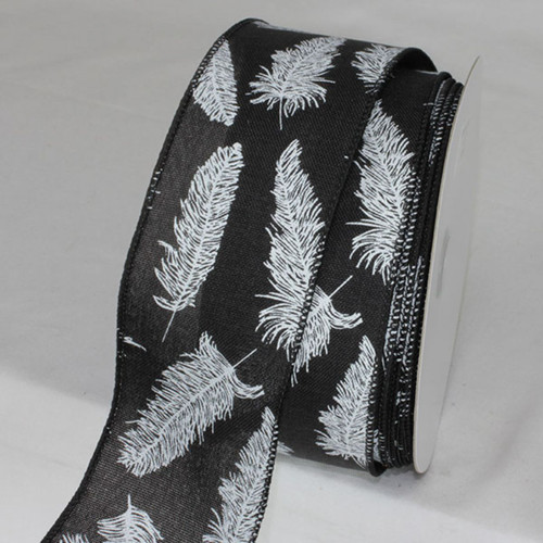 Black and White Feathers Ribbed Wired Craft Ribbon 2.5" x 20 Yards - IMAGE 1