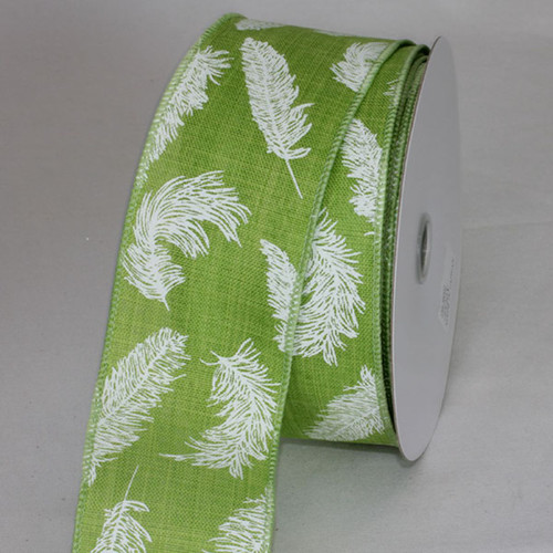 Lime Green and White Feathers Ribbed Wired Craft Ribbon 2.5" x 20 Yards - IMAGE 1