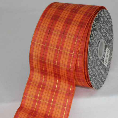 Orange and Shimmering Gold Fall Plaid Wired Craft Ribbon 3" x 20 Yards - IMAGE 1