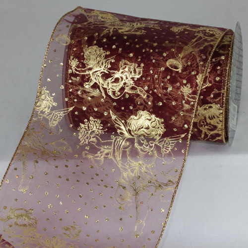 Wine Red and Shimmering Gold Musical Angels Christmas Wired Craft Ribbon 6" x 20 Yards - IMAGE 1