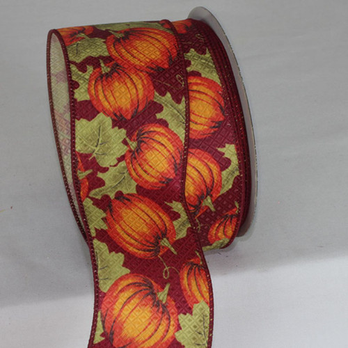 Burgundy Red and Orange Pumpkins Wired Craft Thanksgiving Ribbon 2.5" x 20 Yards - IMAGE 1