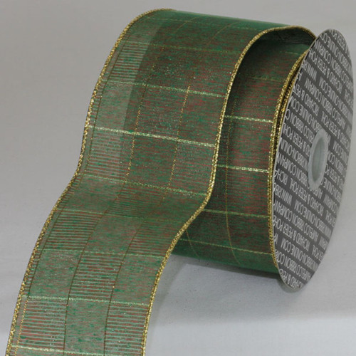Forest Green and Gold Pin Stripe Checkered Metallic Wired Craft Ribbon 3" x 20 Yards - IMAGE 1