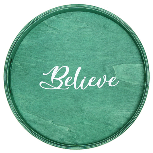 Round Wooden "Believe" Accent Tray with Handles - 13.75" - Green and White - IMAGE 1