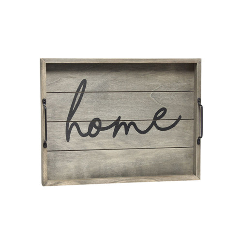 "Home" Rectangular Wooden Accent Tray with Handles - 15.5" - Gray and Black - IMAGE 1