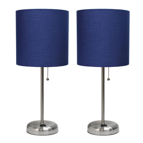 Stick Table Lamps with Round Shades - 19.5" - Silver and Navy Blue - Set of 2 - IMAGE 1