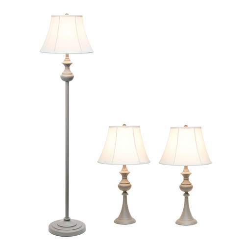 Set of 3 Gray Table and Floor Lamps with White Bell Shade - IMAGE 1
