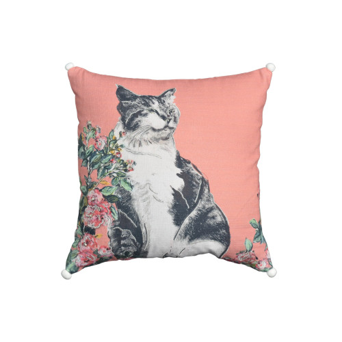 Cat with Flowers Decorative Square Throw Pillow - 18" - White and Pink - IMAGE 1
