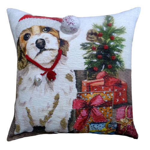Dog with Gifts Christmas Square Throw Pillow - 20" - White and Red - IMAGE 1