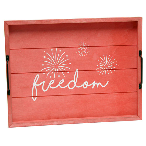 "Freedom" Rectangular Wooden Accent Tray with Handles - 15.5" - Red and White - IMAGE 1