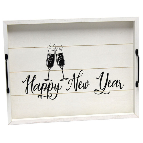 Rectangular Wooden "Happy New Year" Accent Tray - 15.5" - White and Black - IMAGE 1