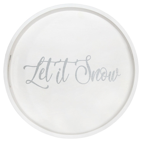 "Let it Snow" Round Wooden Decorative Tray with Cutout Handles - 13.75" - White - IMAGE 1
