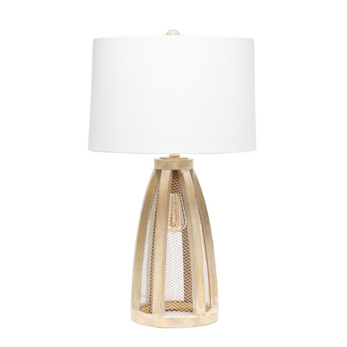 Wooded Arch Farmhouse Style Table Lamp with Drum Shade - 29.5" - White and Beige - IMAGE 1