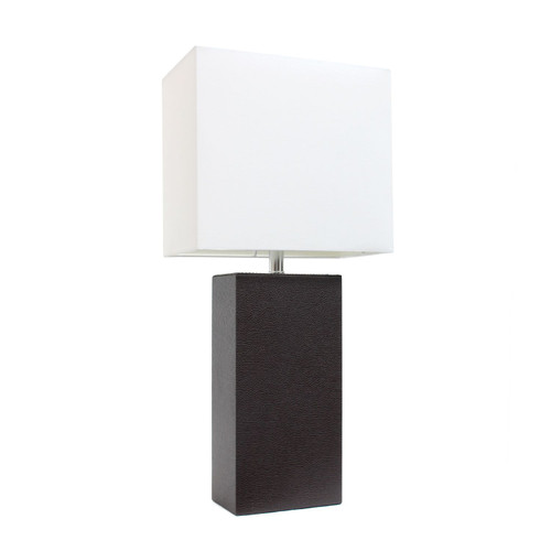 Leather Bedside Table Lamp with Shade - 21" - White and Espresso Brown - IMAGE 1
