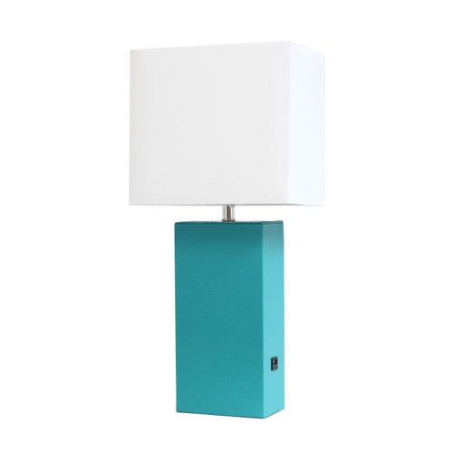 Leather Table Lamp with Shade and USB Charging Port - 21" - White and Teal - IMAGE 1