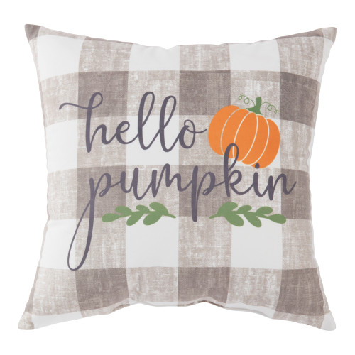 Hello Pumpkin Fall Harvest Plaid Square Throw Pillow - 18" - Gray - IMAGE 1