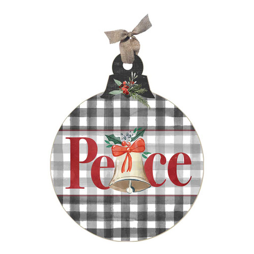 12" Black and Red Buffalo Check "Peace" Christmas Wooden Ornament Sign - IMAGE 1