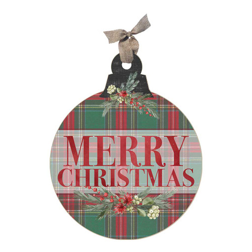 12" Red and Green Tartan "Merry Christmas" Large Wooden Ornament Sign - IMAGE 1