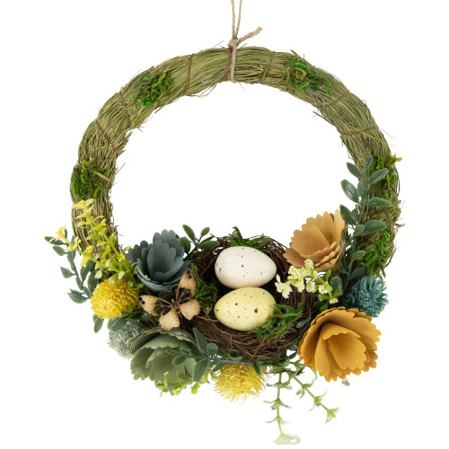 12" Easter Egg and Bird Nest Wreath with Wooden Flowers - IMAGE 1
