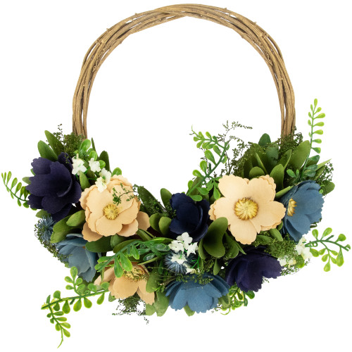 12" Blue and Tan Poppy Floral Wooden Spring Basket Wreath - IMAGE 1