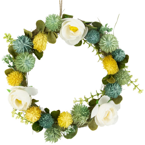 9" Cream Rose, Green and Yellow Thistle Hanging Spring Wreath - IMAGE 1