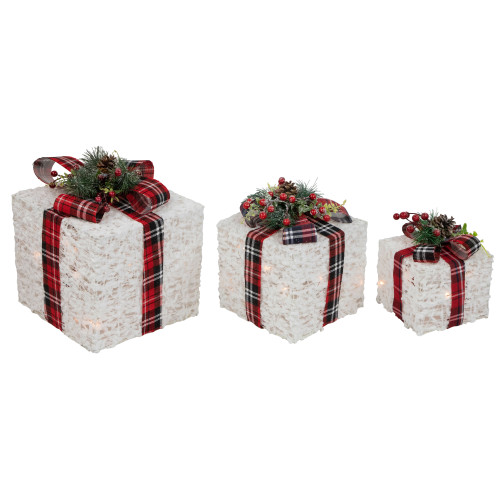 Lighted Textured and Plaid Gift Boxes Outdoor Decorations - Warm White - Set of 3 - IMAGE 1