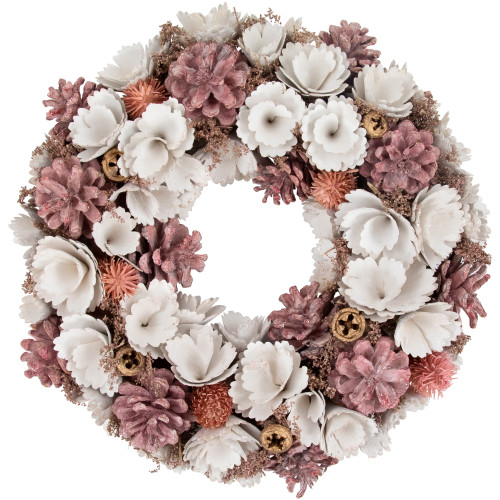 13" White and Pink Wooden Floral Christmas Wreath with Pinecones - IMAGE 1
