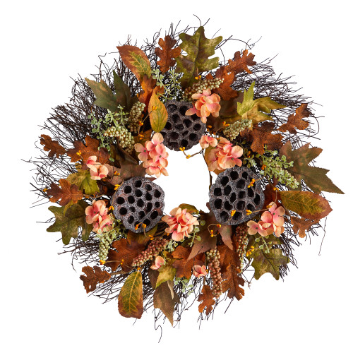 Hydrangea with Dried Lotus Pod and Berries Artificial Fall Harvest Wreath, 22-Inch, Unlit - IMAGE 1
