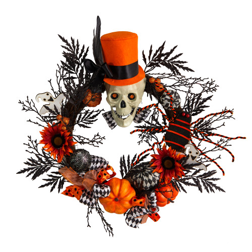 Spider and Skull with Top Hat Halloween Wreath, 30-Inch, Unlit - IMAGE 1