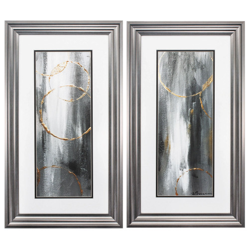 Set of 2 Gray and Gold Geometric Rings Rectangular Wall Decors 27" x 15" - IMAGE 1