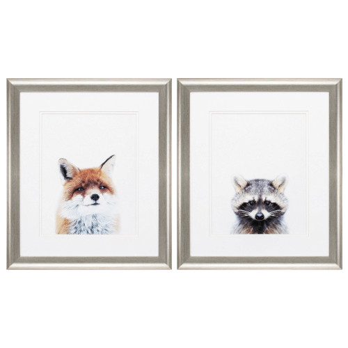 Set of 2 White Fox and Racoon Rectangular Wall Art Decor 22" x 19" - IMAGE 1