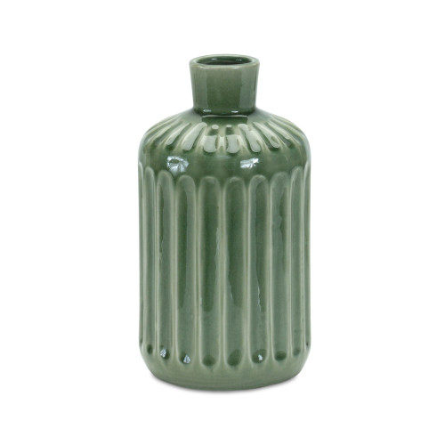 9.5" Green Ribbed Bottleneck Vase - IMAGE 1