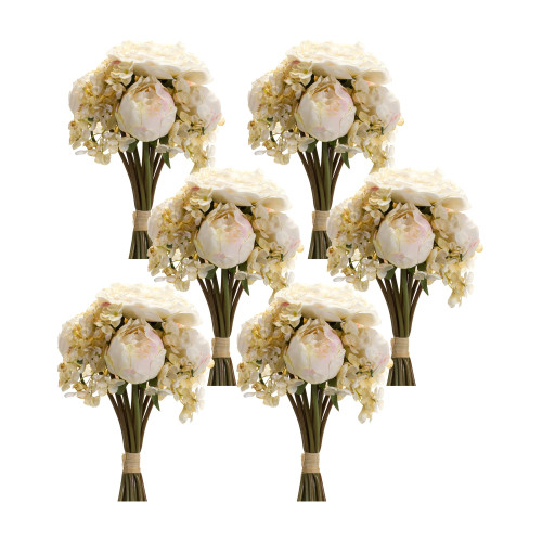 Set of 6 White Peony and Hydrangea Artificial Floral Bouquet 17.25" - IMAGE 1