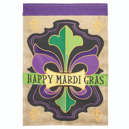 Fleur-de-lis Embroidered Happy Mardi Gras Outdoor Garden Flag - 18" x 13" - IMAGE 1
